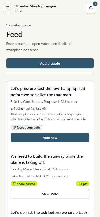 Corpfluff league feed on a phone showing submitted workplace jargon